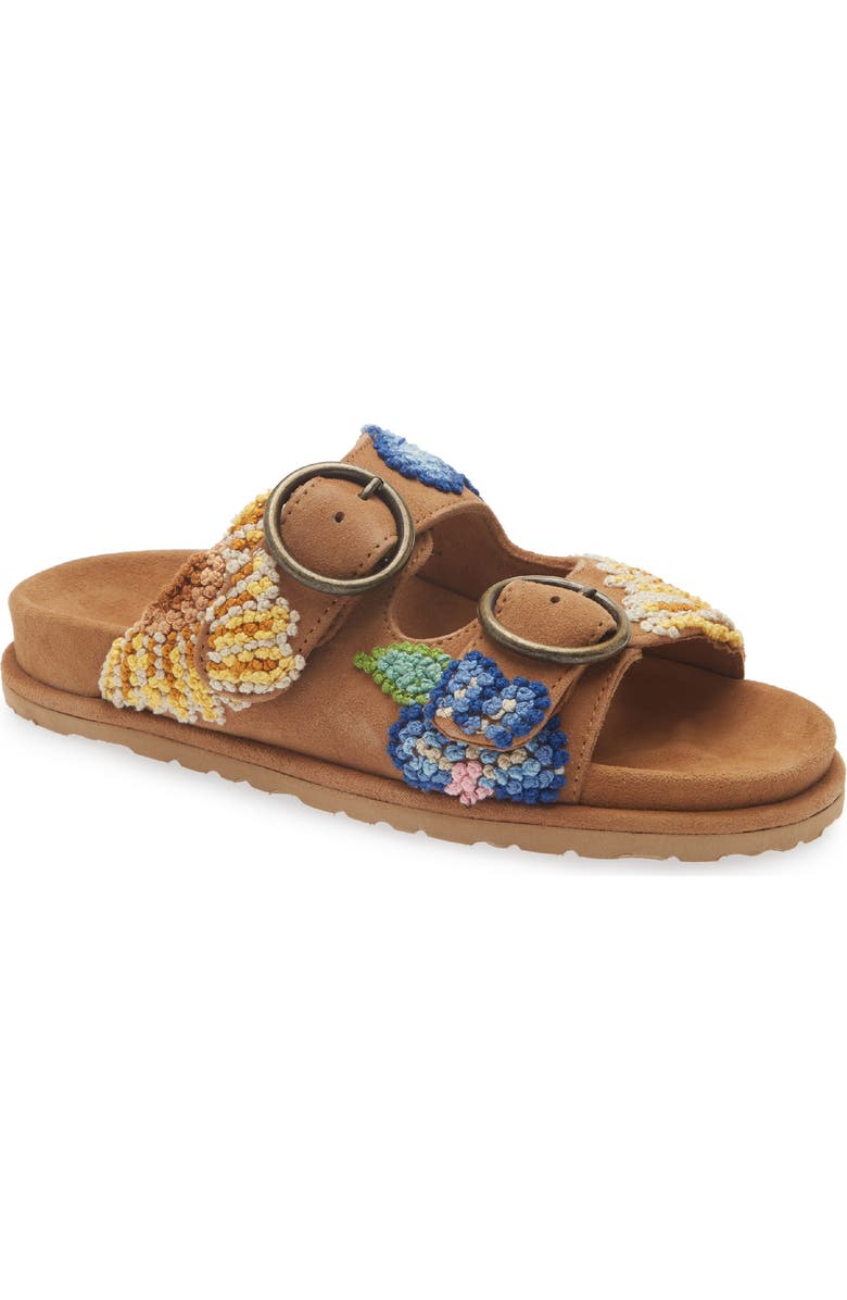 Laidback London Clay Embroidered Slide Sandal, Main, color, Mustard Suede / Multi
