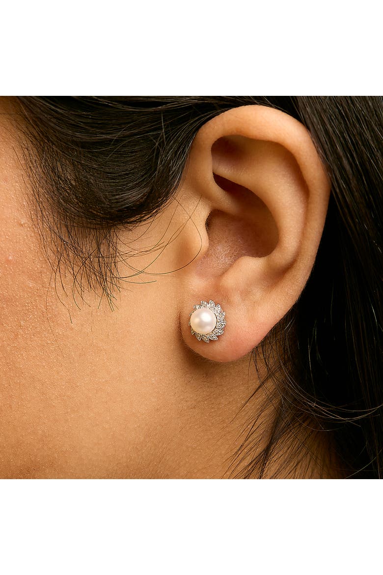 10K White Gold Pearl and Diamond Accent Halo Stud Earrings, Alternate, color, White
