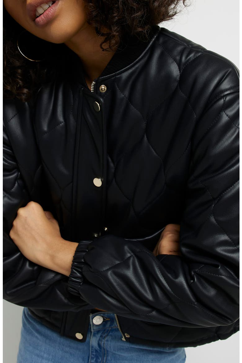 Quilted Faux Leather Bomber Jacket, Alternate, color, BLACK