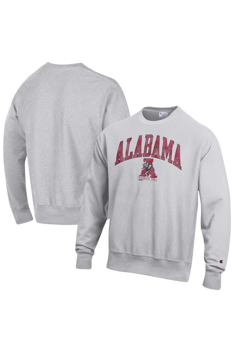 Men's Champion Gray Alabama Crimson Tide Distressed Arch Over Logo Reverse Weave Crew Neck Sweatshirt, Main, color, Gray