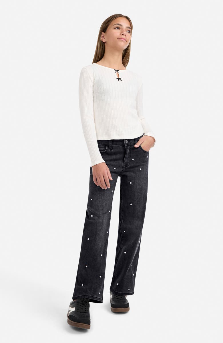 abercrombie kids Kids' Faux Pearl Embellished Wide Leg Jeans, Alternate, color, Stormy Night