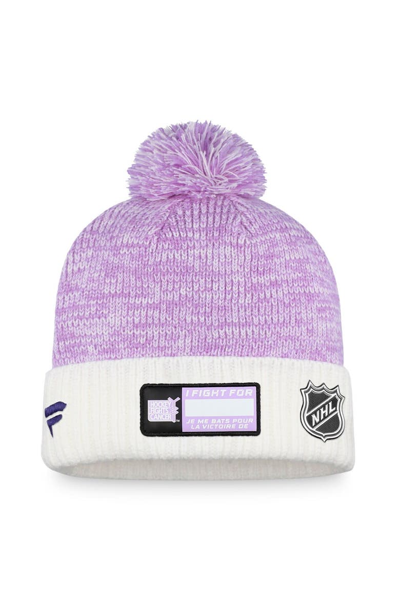 FANATICS Men's Fanatics Branded White/Purple San Jose Sharks 2022 Hockey Fights Cancer Authentic Pro Cuffed Knit Hat with Pom, Alternate, color, 