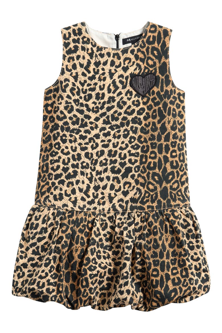 Kids' Leopard Print Bubble Hem Dress, Main, color, BROWN