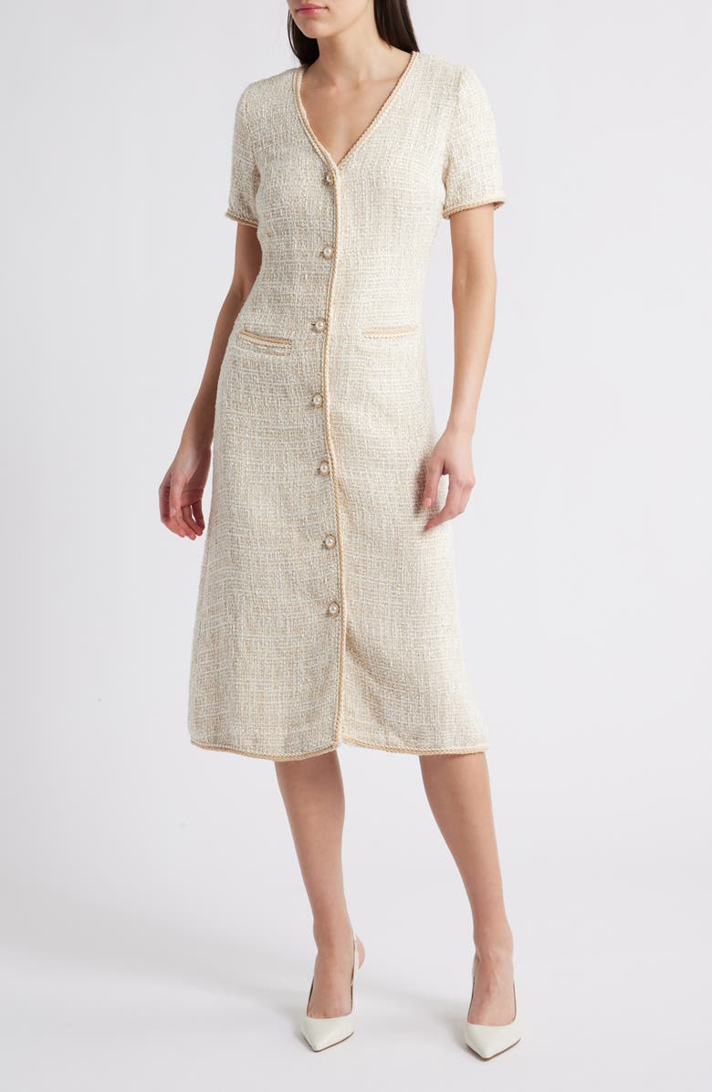 ZOE AND CLAIRE V-Neck Button Front Tweed Midi Dress, Main, color, 