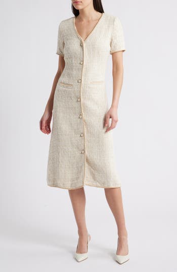ZOE AND CLAIRE V-Neck Button Front Tweed Midi Dress | Nordstrom