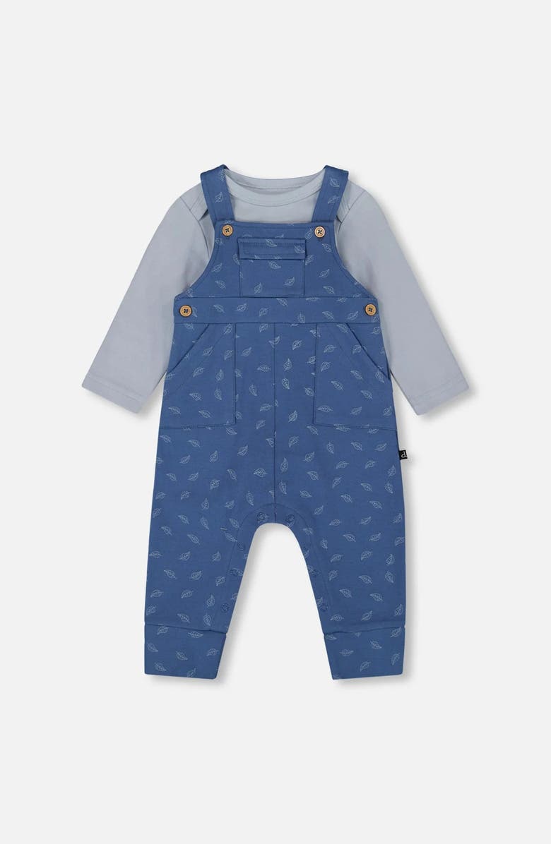 Deux par Deux Organic Cotton Allover and Overalls Set Leaf, Main, color,