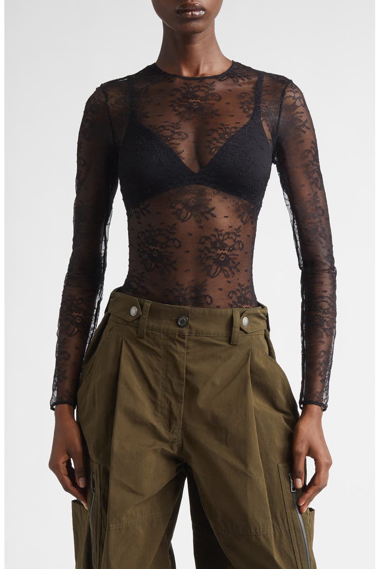 Long Sleeve Sheer Floral Lace Bodysuit, Main, color, NERO