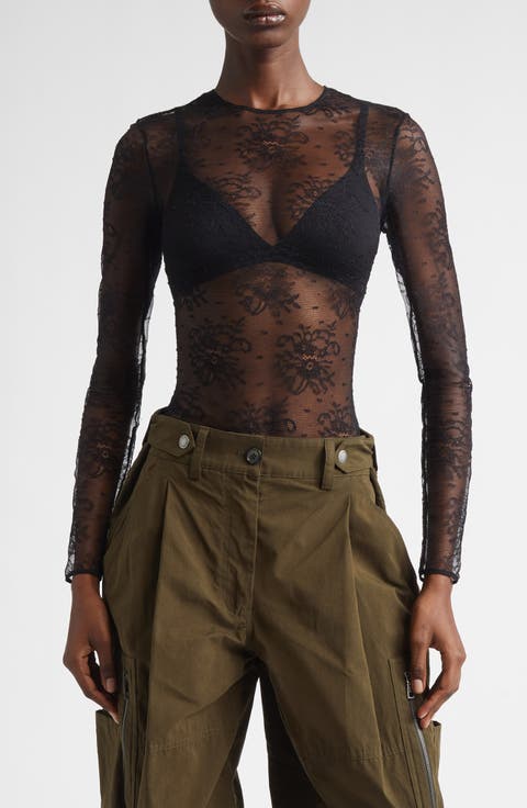 Long Sleeve Sheer Floral Lace Bodysuit