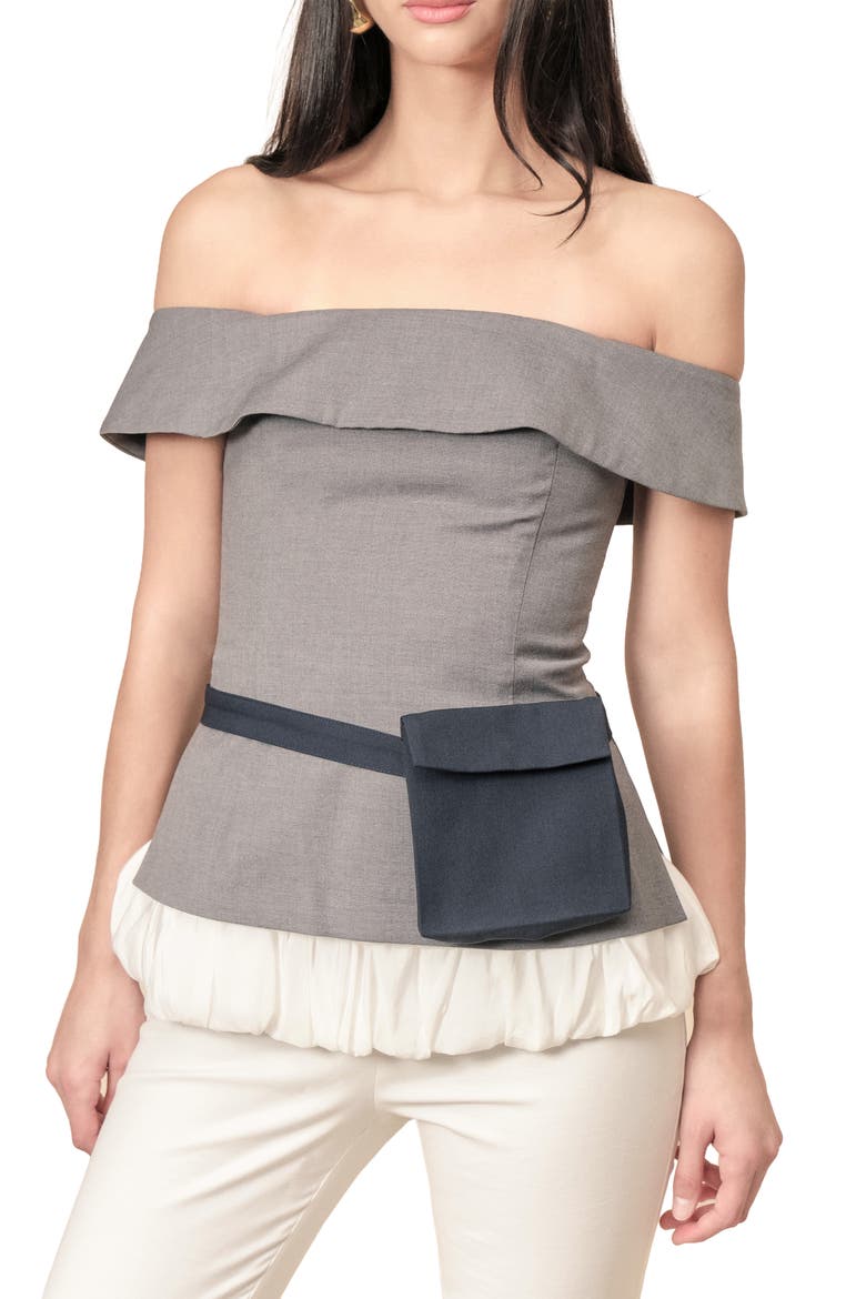 Ivy Off the Shoulder Bubble Hem Top, Alternate, color, GREY