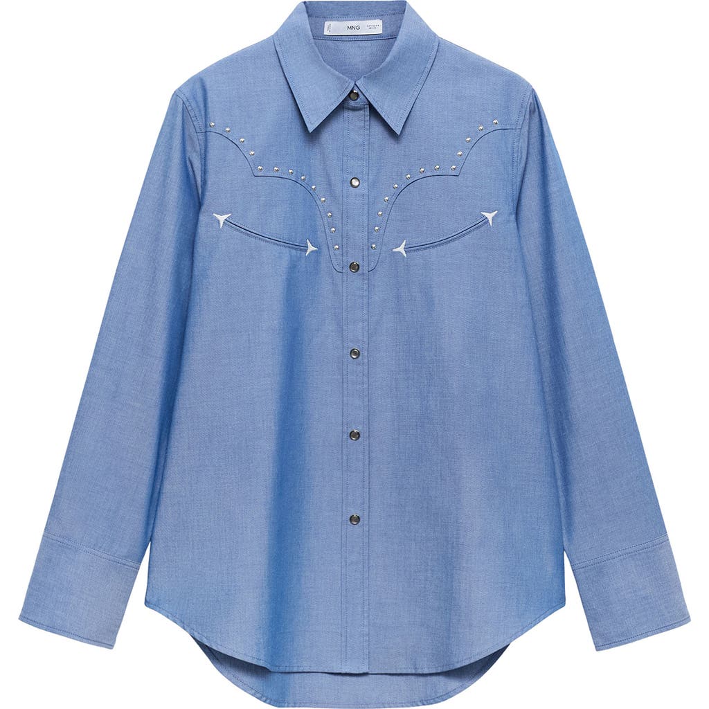 Mango Studded Snap-up Western Shirt In Blue