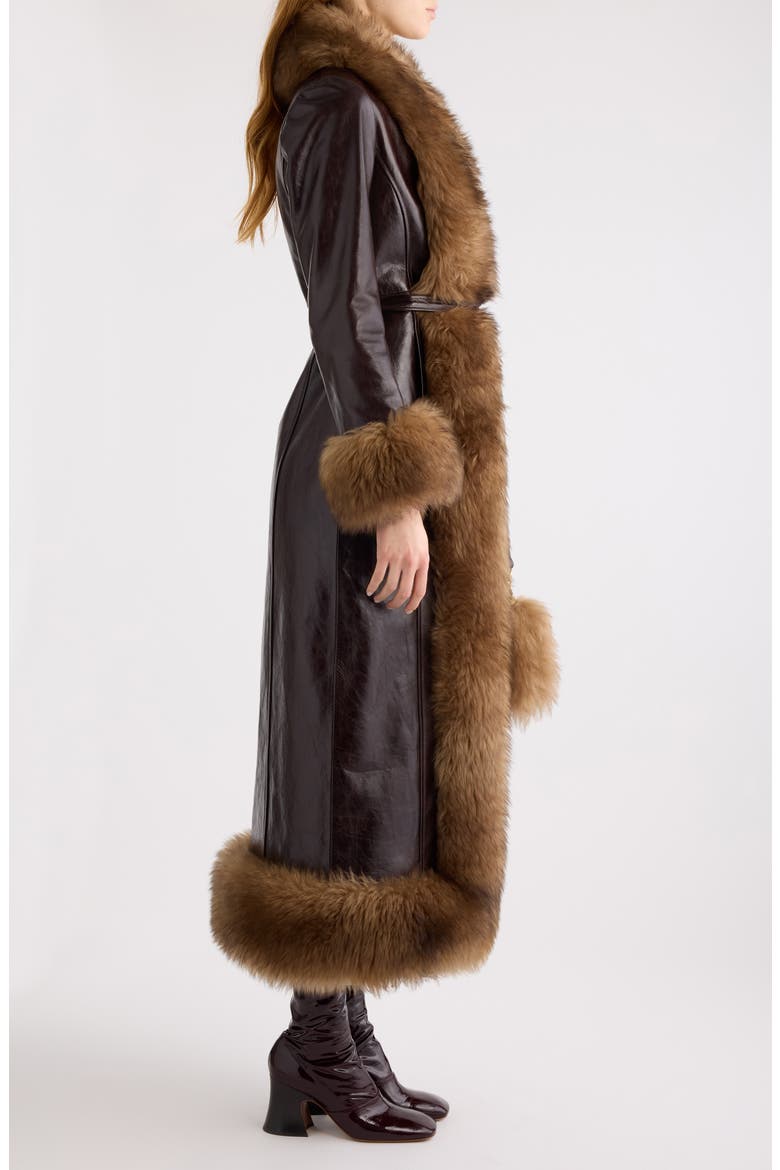 Leather & Genuine Shearling Long Column Coat, Alternate, color, ABYSSAL BROWN