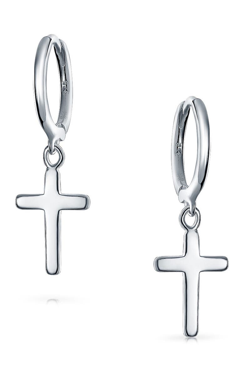 BLING JEWELRY Sterling Silver Cross Drop Huggie Hoop Earrings, Alternate, color, 