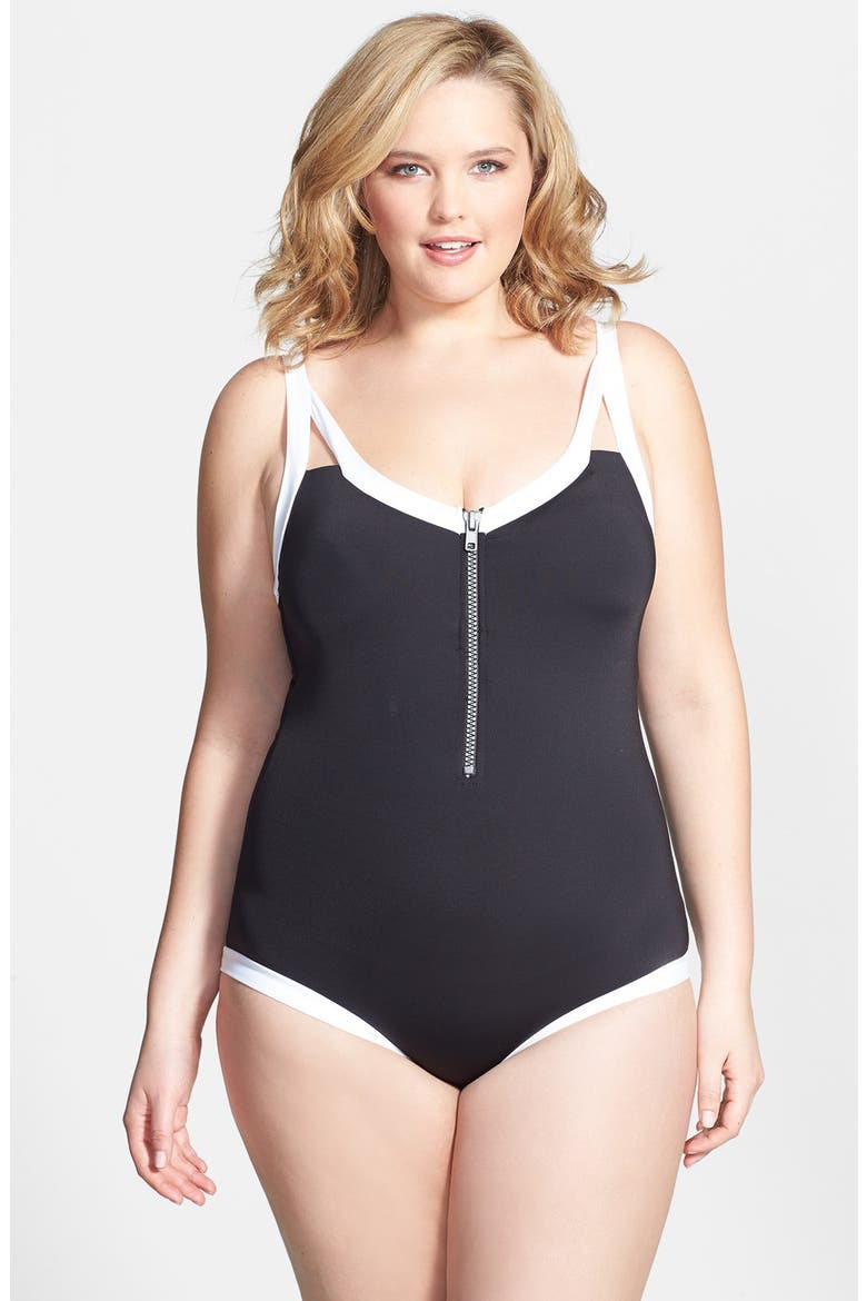 'Day & Night' Zip Front One-Piece Swimsuit, Main, color, BLACK
