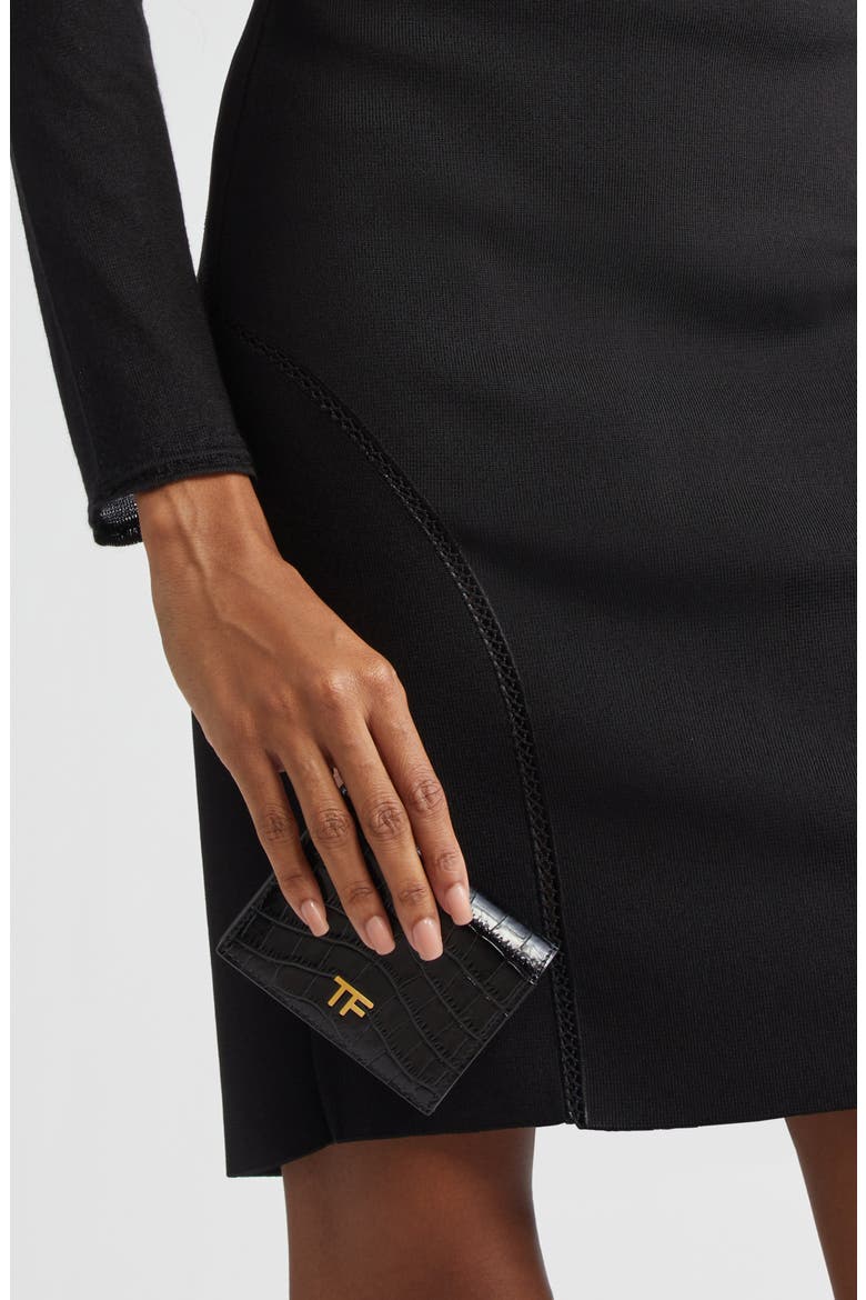 T-Line Croc Embossed Leather Card Holder, Alternate, color, BLACK