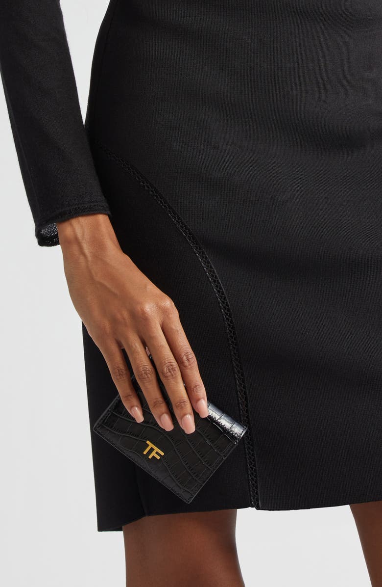 TOM FORD T-Line Croc Embossed Leather Card Holder, Alternate, color,