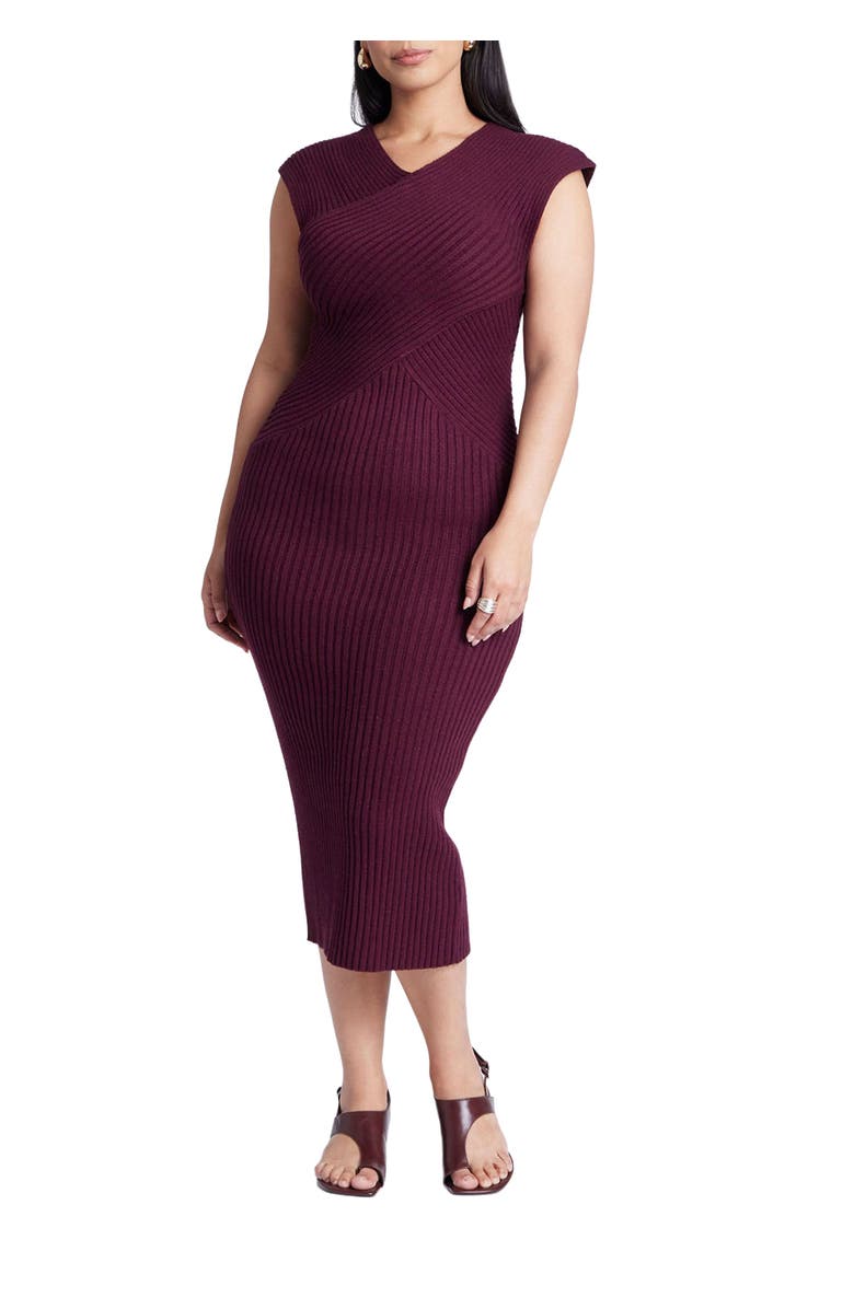 ELOQUII Cross Front Rib Midi Sweater Dress, Main, color, Merlot