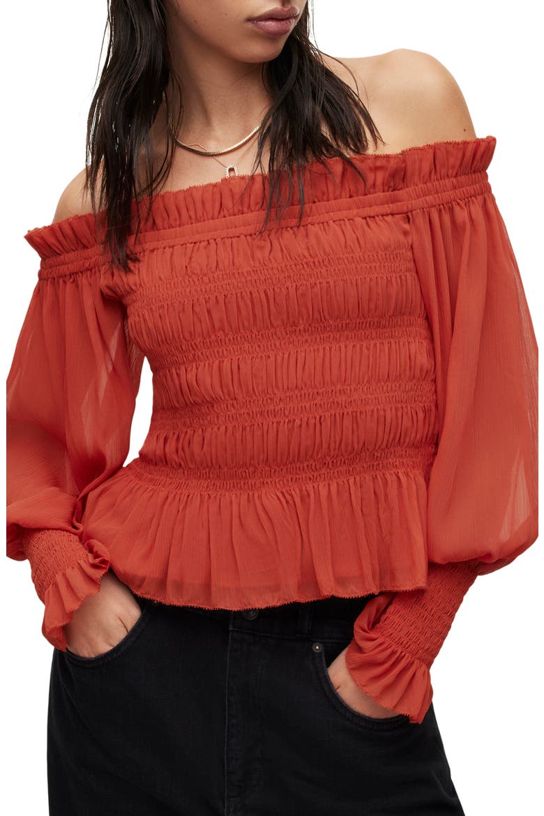 Lara Shirred Off-The-Shoulder Peplum Top, Main, color, RED CLAY