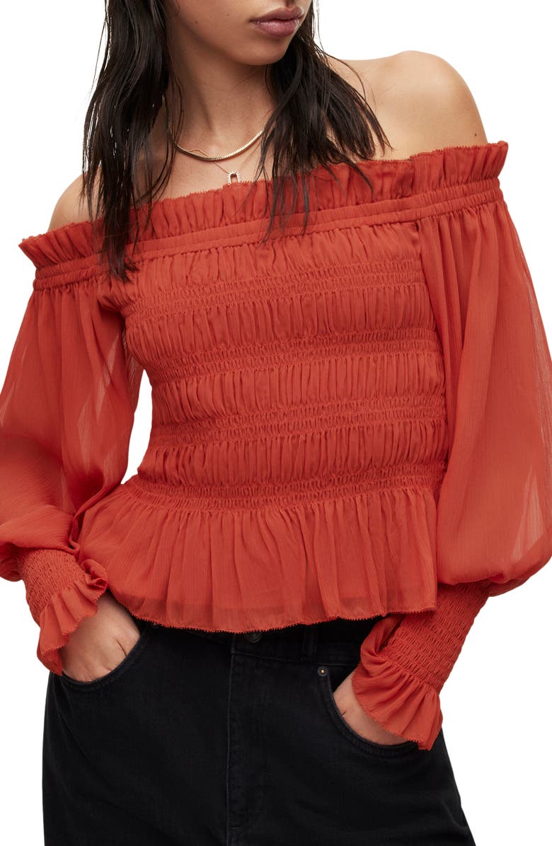 AllSaints Lara Shirred Off-The-Shoulder Peplum Top, Main, color, Red Clay