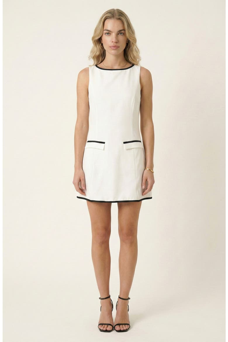 Sleeveless A-Line Mini Dress with Contrast Trim and Faux Pockets, Main, color, Off-white / Black