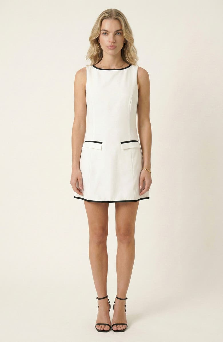 Modenaire Sleeveless A-Line Mini Dress with Contrast Trim and Faux Pockets, Main, color, Off-White / Black