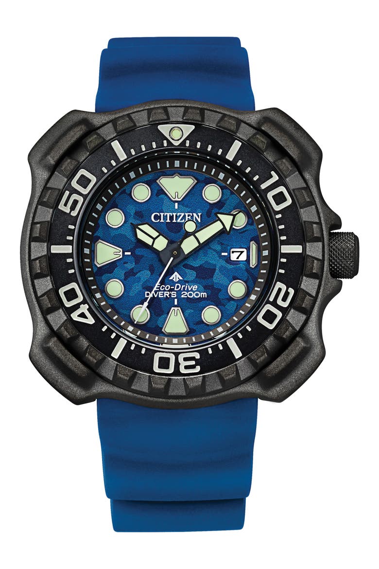 Promaster Dive Faux Leather Strap Watch, 46mm, Main, color, BLUE