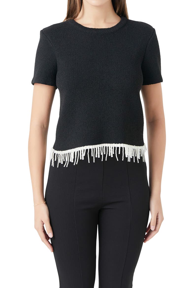 Imitation Pearl Hem Short Sleeve Sweater, Alternate, color, BLACK