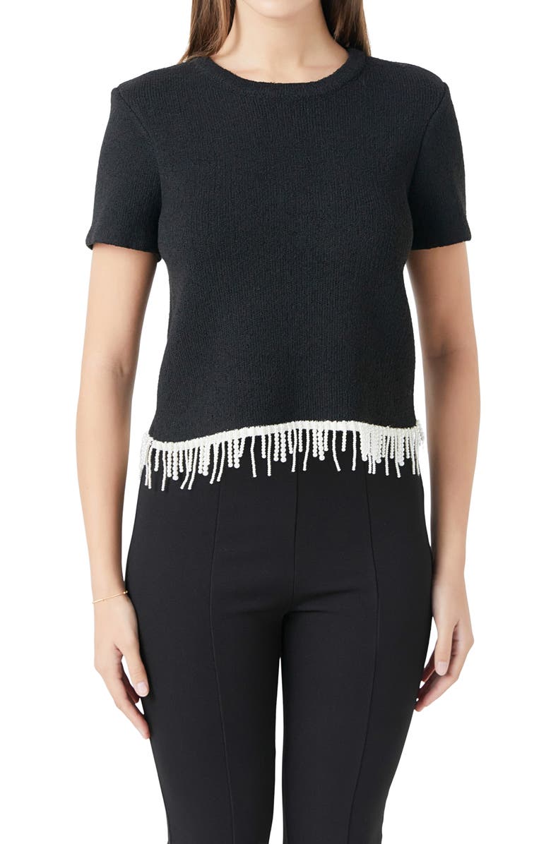 Endless Rose Imitation Pearl Hem Short Sleeve Sweater, Alternate, color, Black