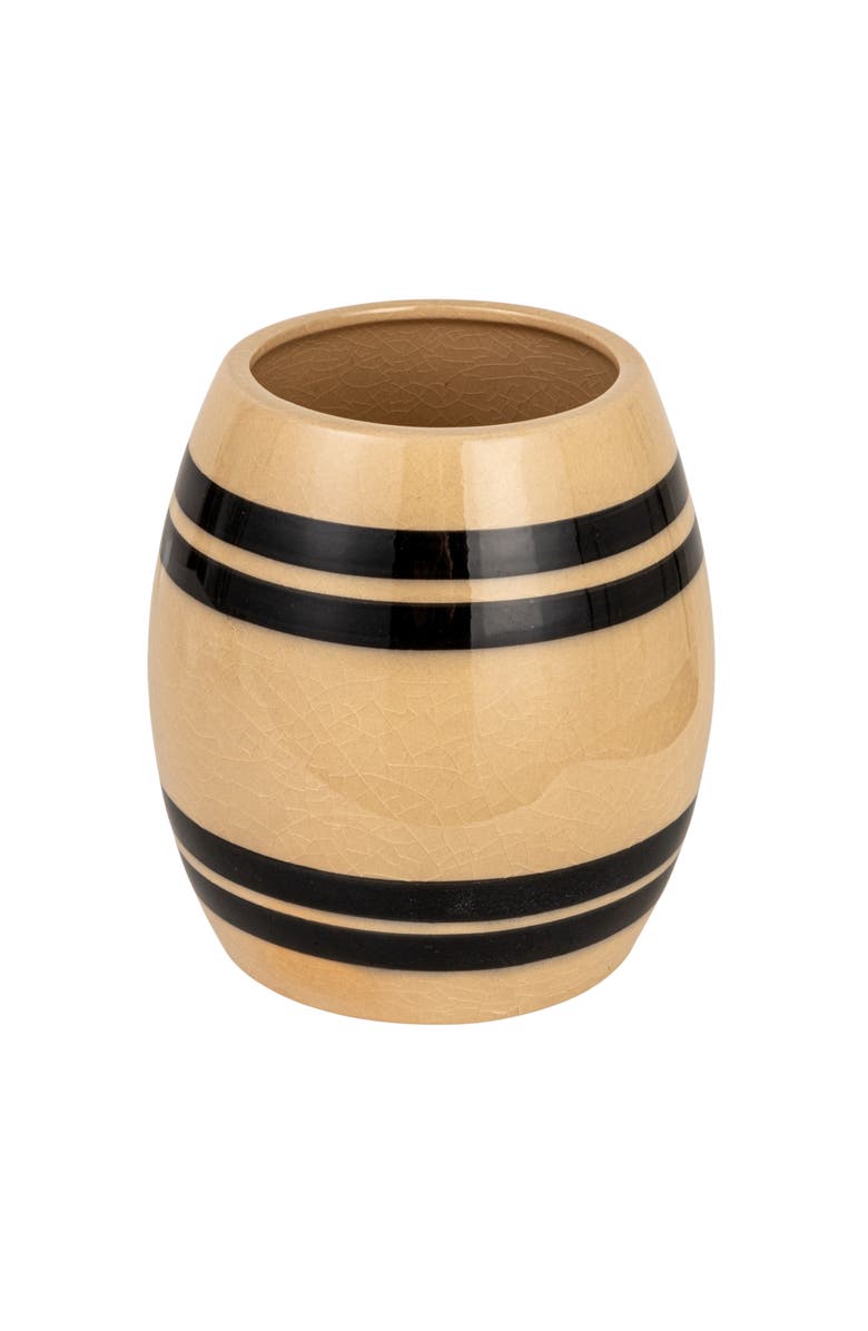 Storied Home Round Stoneware Vintage Reproduction Crock with Stripes and Crackle Glaze, Black and Cream Color, Main, color, 