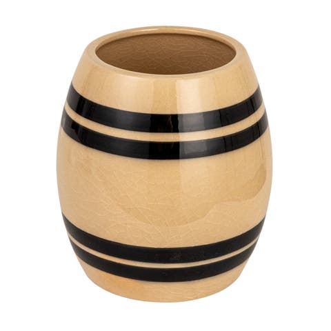Round Stoneware Vintage Reproduction Crock with Stripes and Crackle Glaze, Black and Cream Color