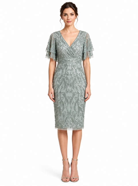 Beaded Midi Dress with Cape Sleeves