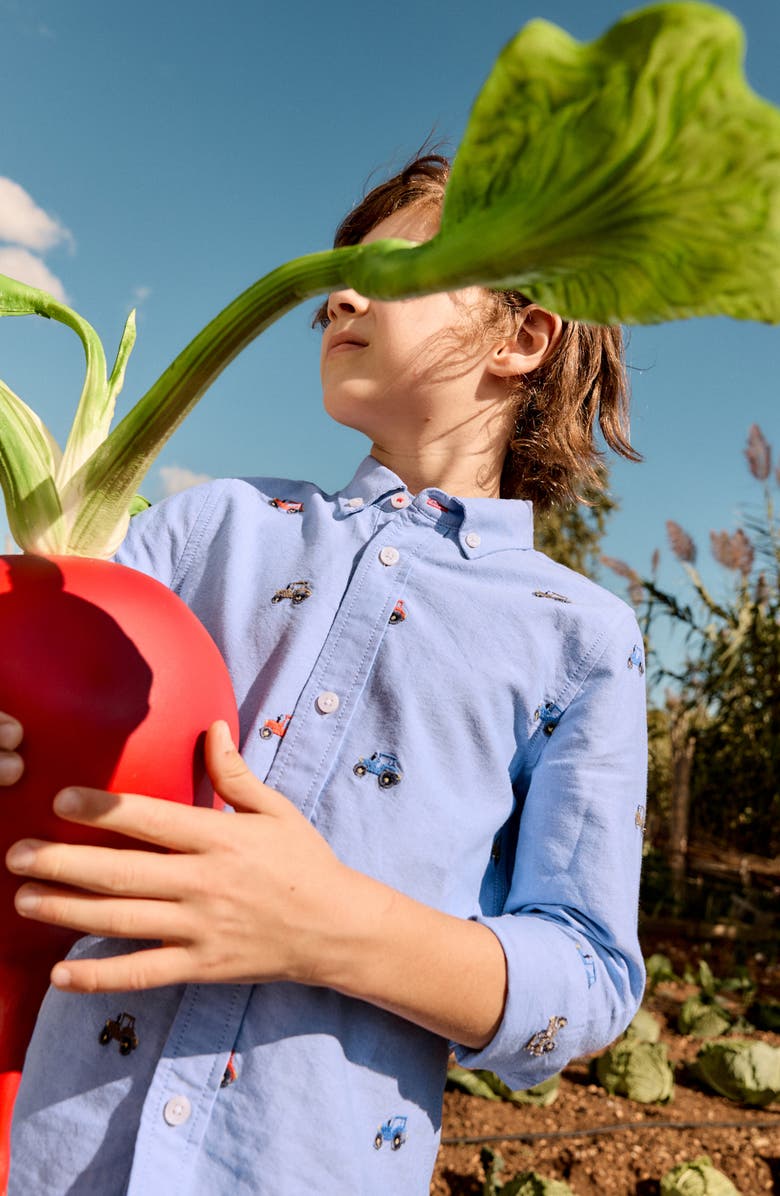Mini Boden Kids' Embroidered Cotton Button-Down Shirt, Alternate, color, Tractor