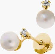 Mignonette 14k Gold Pearl & Diamond Stud Earrings