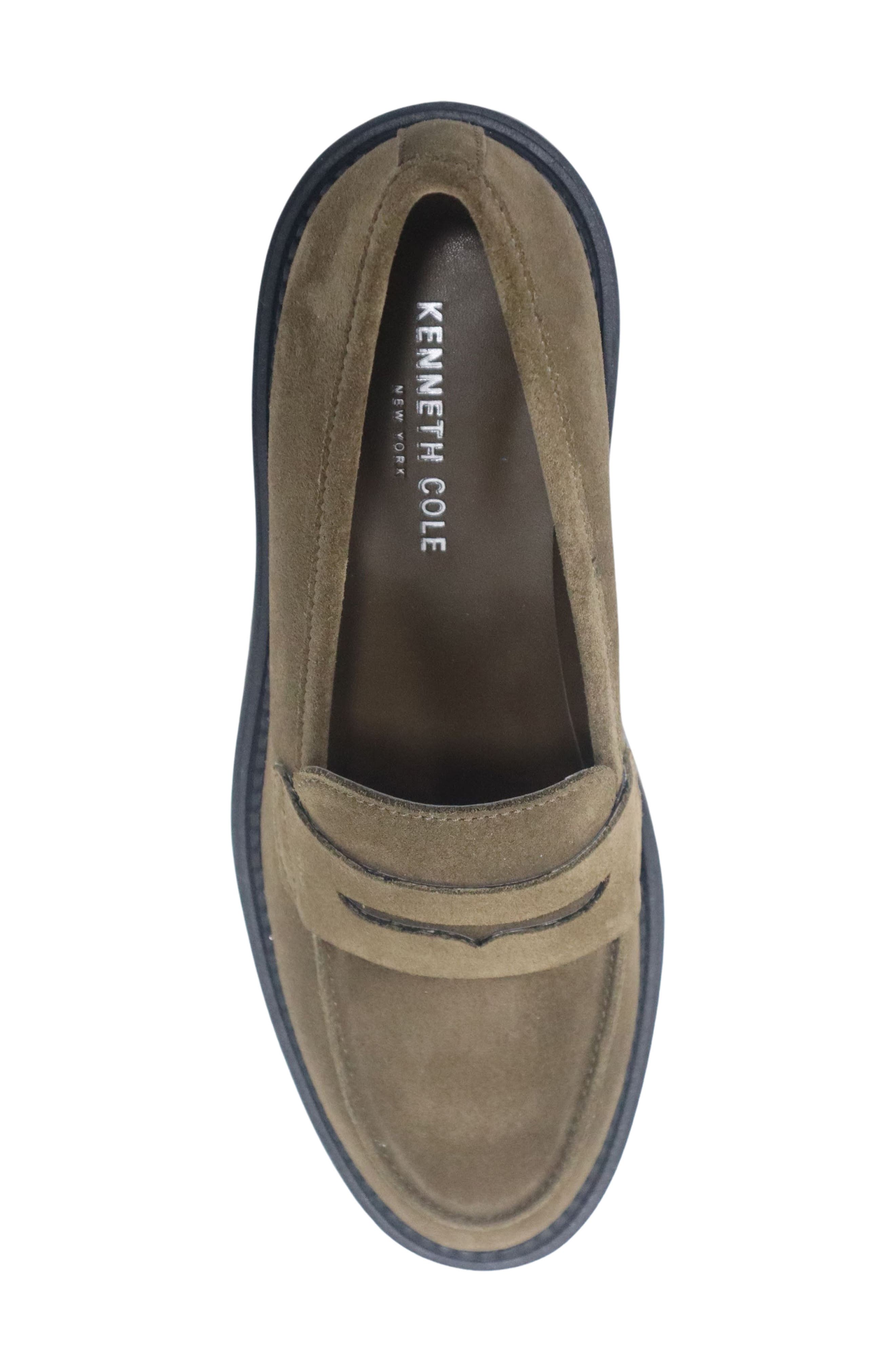 Fatima Lug Sole Penny Loafer, Alternate, color, DEEP SAGE SUEDE
