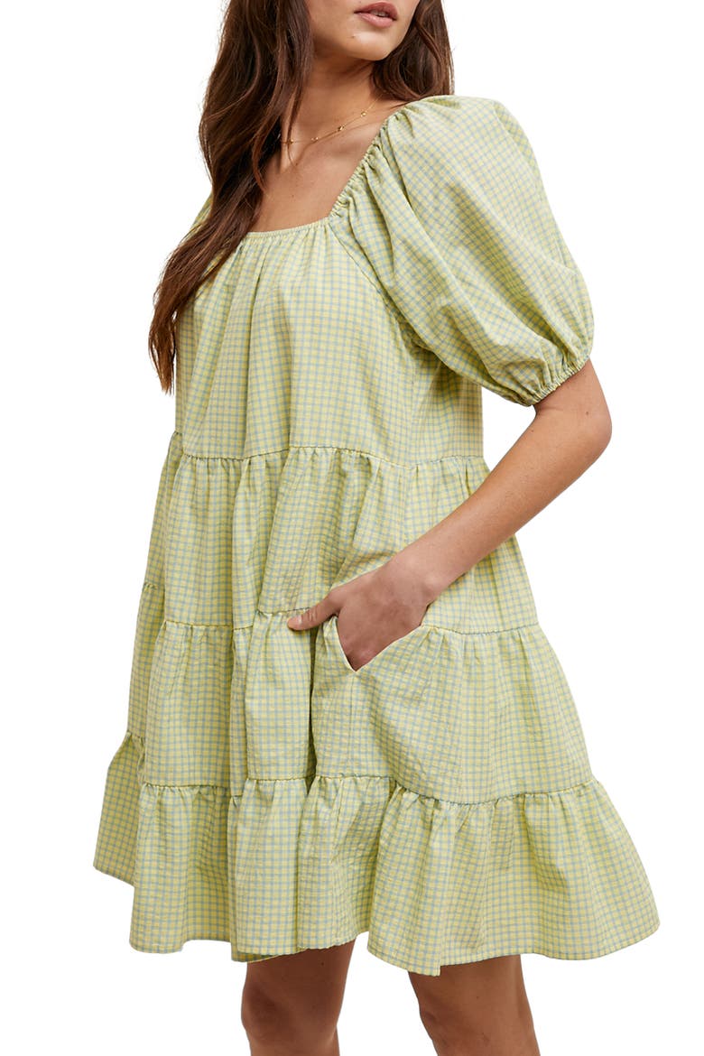 Plaid Puff Sleeve Cotton Blend Tiered Minidress, Alternate, color, DAISY/ BLUE