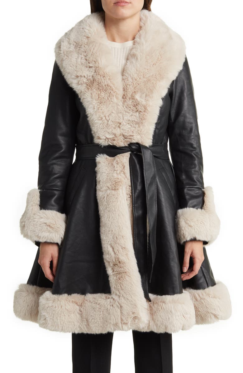 AZALEA WANG Belted Faux Leather Faux Fur Trim Coat, Alternate, color, 