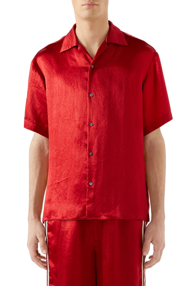 Gucci Skull Embroidered Satin Bowling Shirt, Main, color, 
