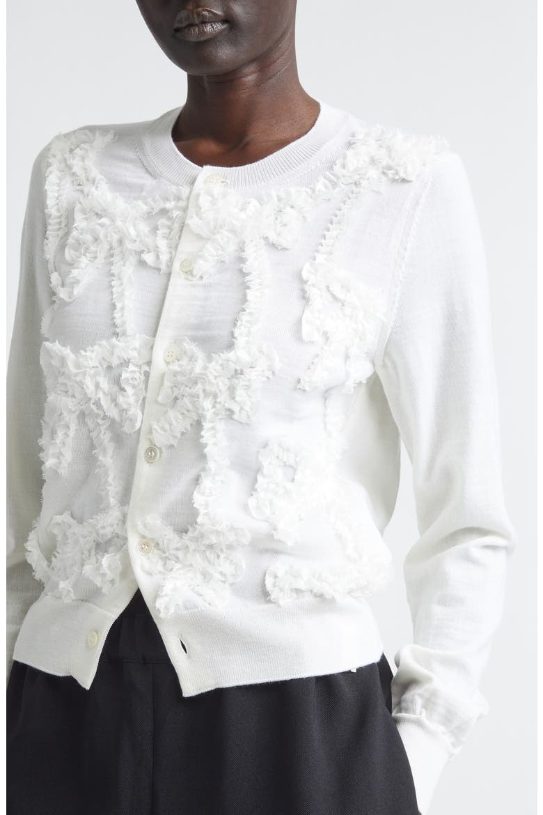 Ribbon Ruffle Wool Cardigan, Alternate, color, WHITE