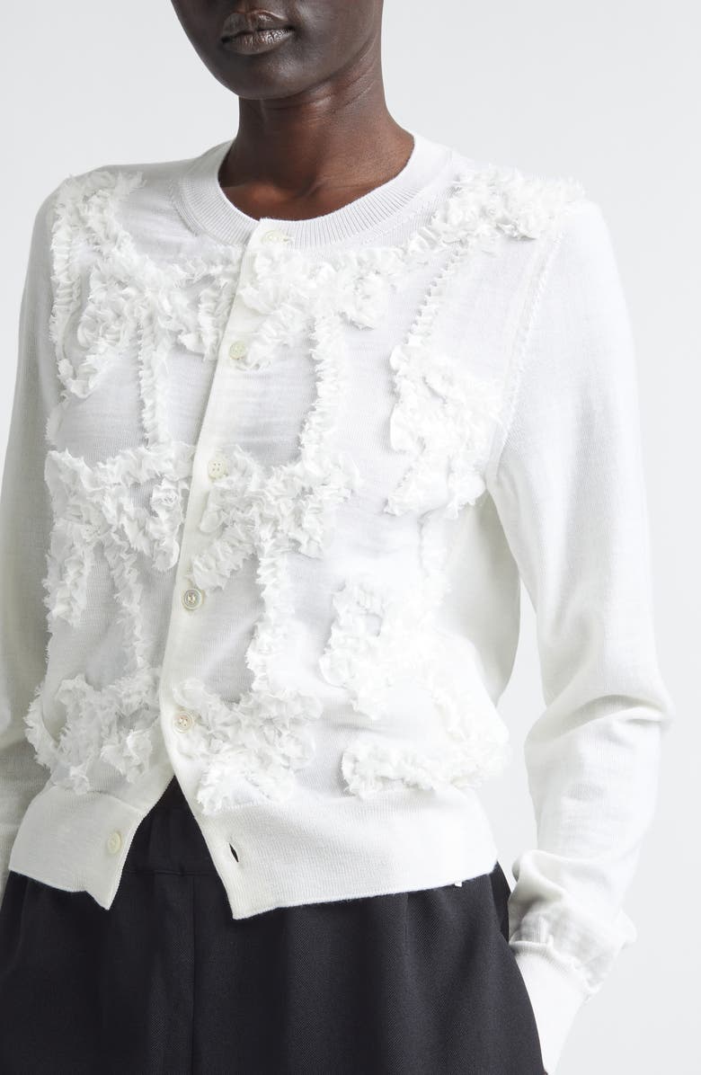 Comme des Garçons Girl Ribbon Ruffle Wool Cardigan, Alternate, color, White