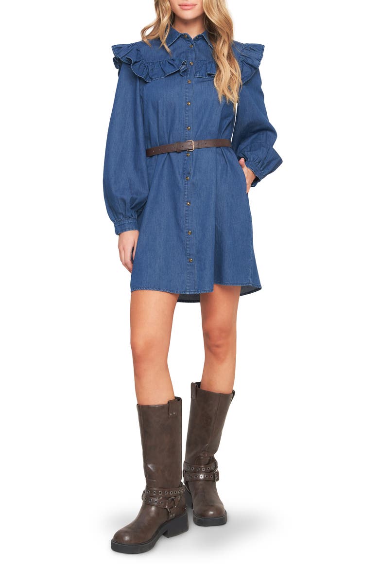 Ruffle Long Sleeve Belted Denim Shirtdress, Main, color, MEDIUM INDIGO