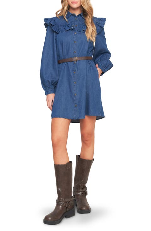 Ruffle Long Sleeve Belted Denim Shirtdress