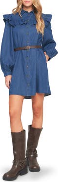 FLYING TOMATO Ruffle Long Sleeve Belted Denim Shirtdress