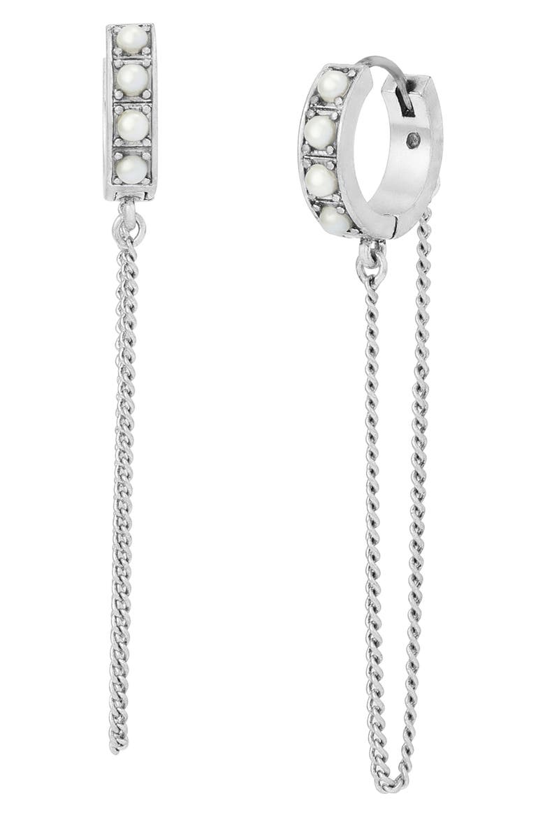 Imitation Pearl Chain Huggie Hoop Earrings, Main, color, PEARL/ WARM SILVER