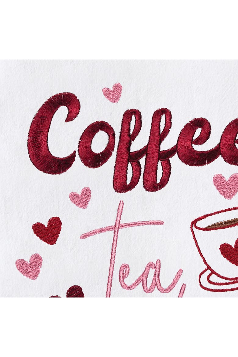 "Coffee Tea or Me" Embroidered 100% Cotton Flour Sack Valentine's Day Dishtowel, Alternate, color, Red