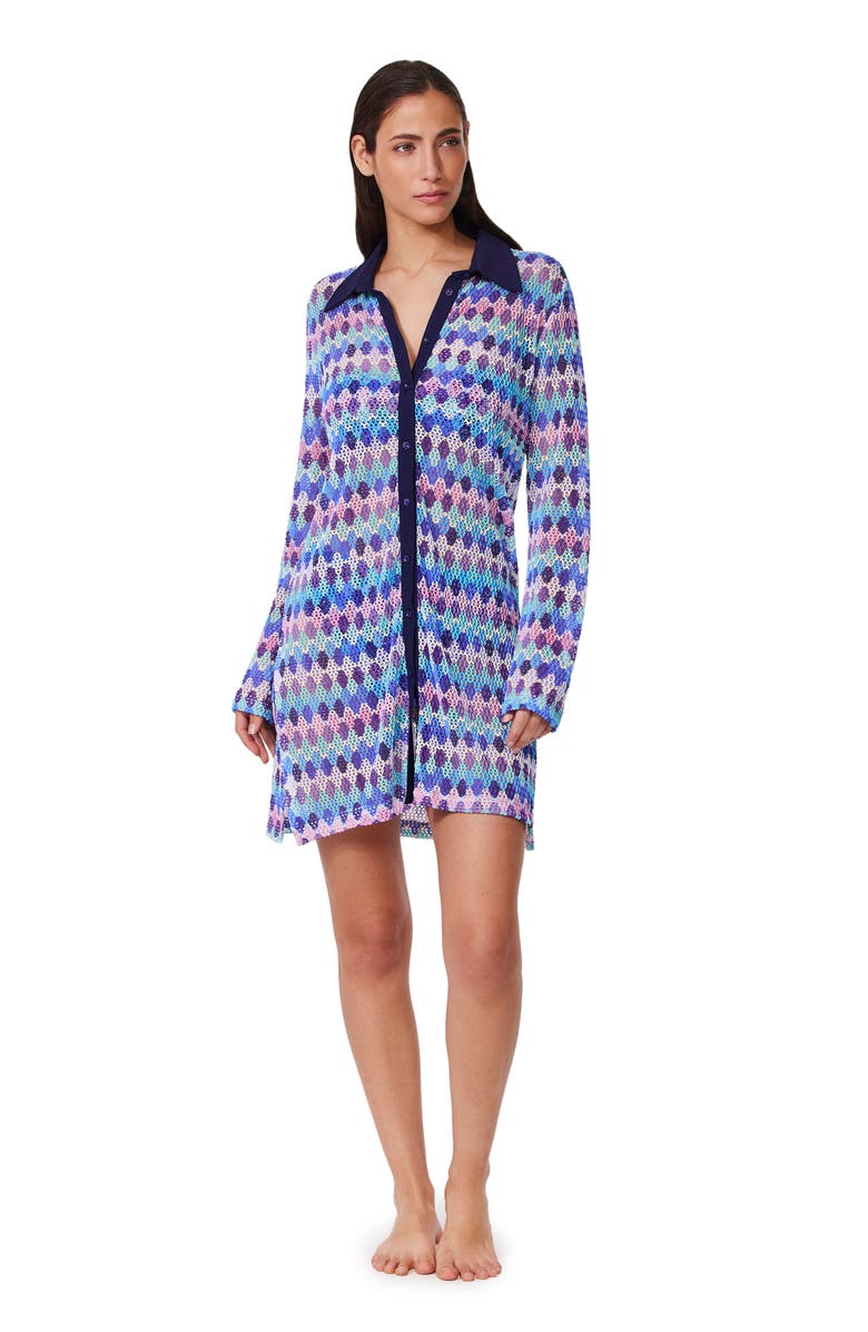 Profile by Gottex Retro Riviera Netted Crochet Buttoned Tunic Cover-Up, Main, color, Blue-Multi