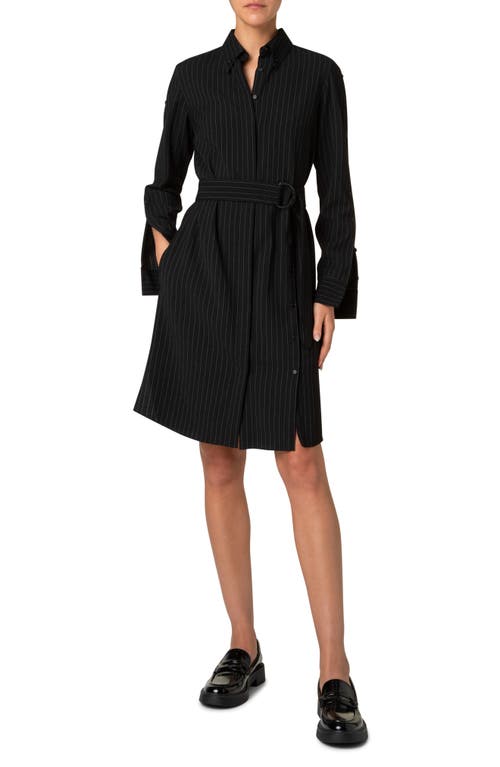 Akris Punto Pinstripe Long Sleeve Wool Blend Crepe Shirtdress In Black-cream