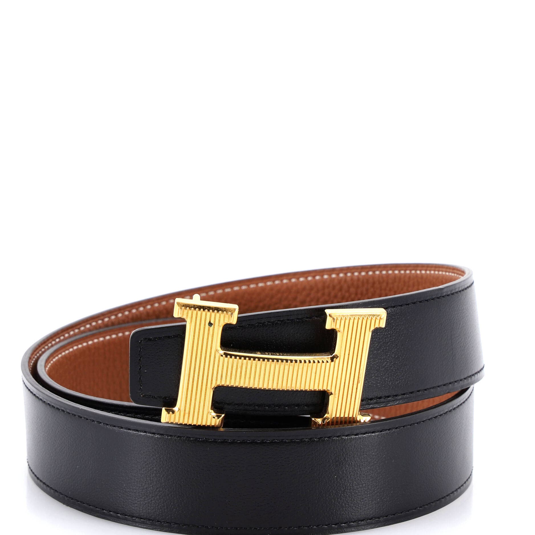 Pre-Owned Hermes Constance Reversible Belt Leather with Striped Hardware Medium, Main, color, Black
