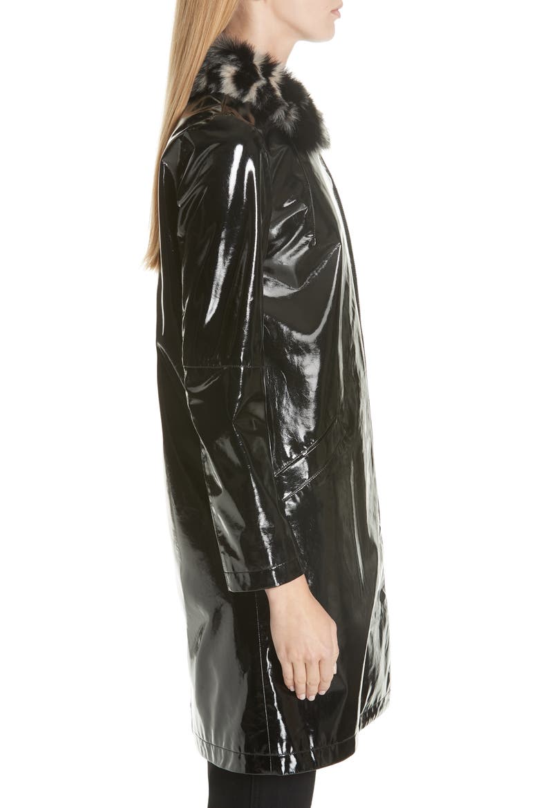Faux Leather Coat with Leopard Print Faux Fur Collar, Alternate, color, BLACK