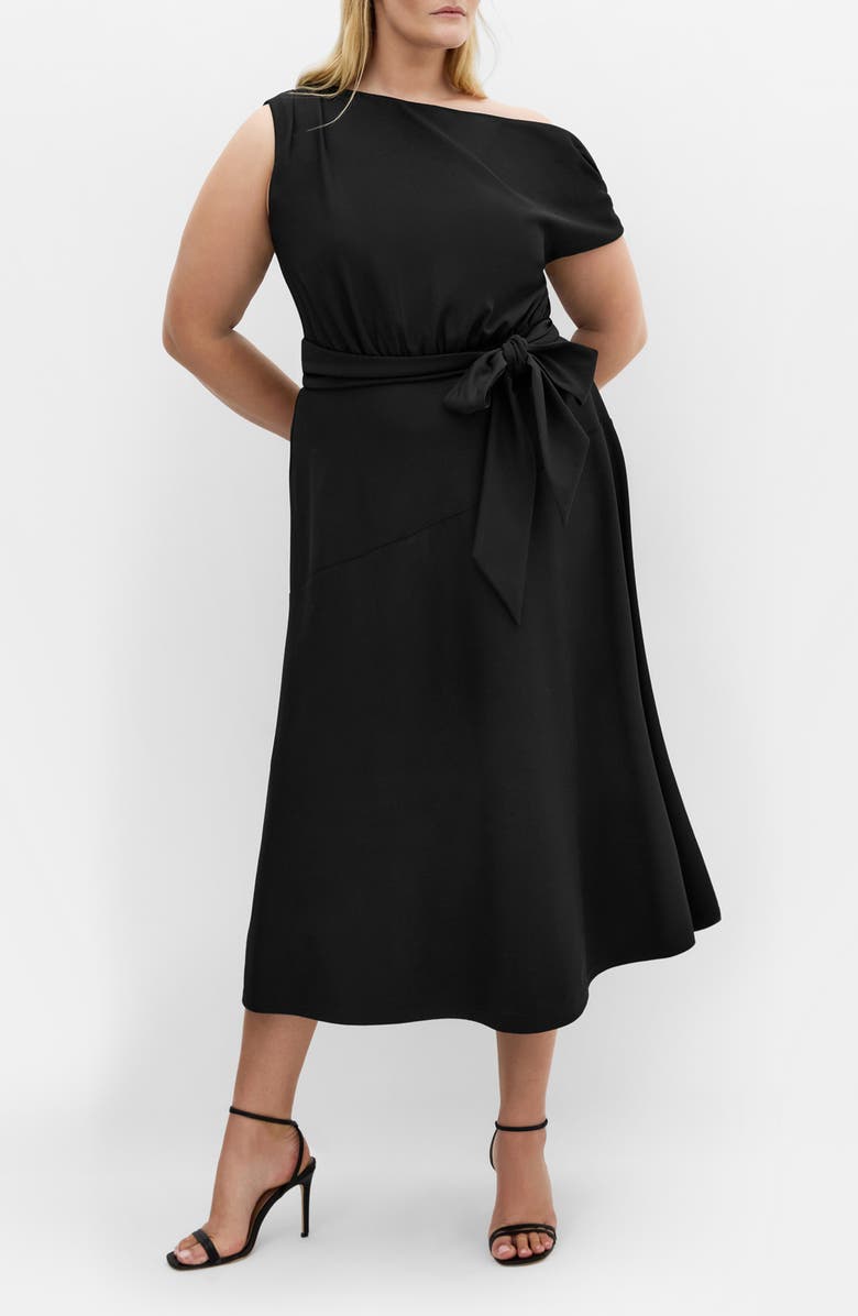 City Chic Kate One-Shoulder Crepe Midi Dress, Main, color, Black
