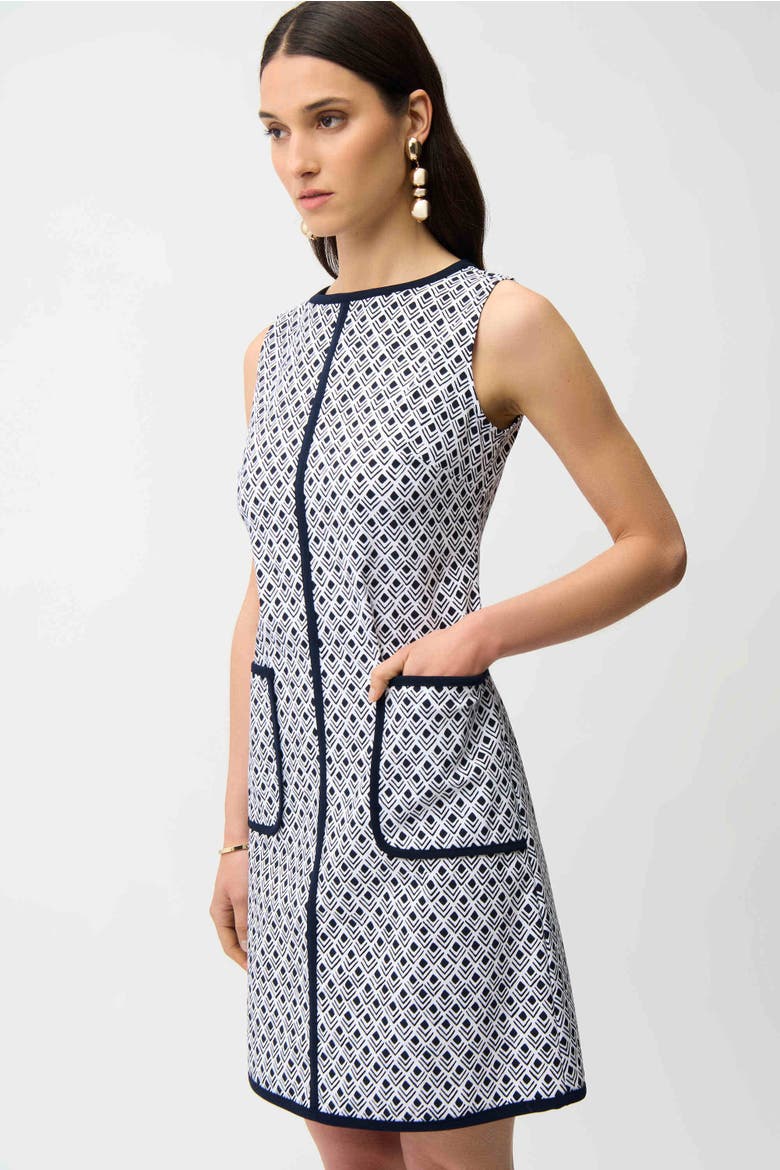 Millennium Geometric Print A-Line Dress With Contrast Trim, Alternate, color, Vanilla/Midnight Blue