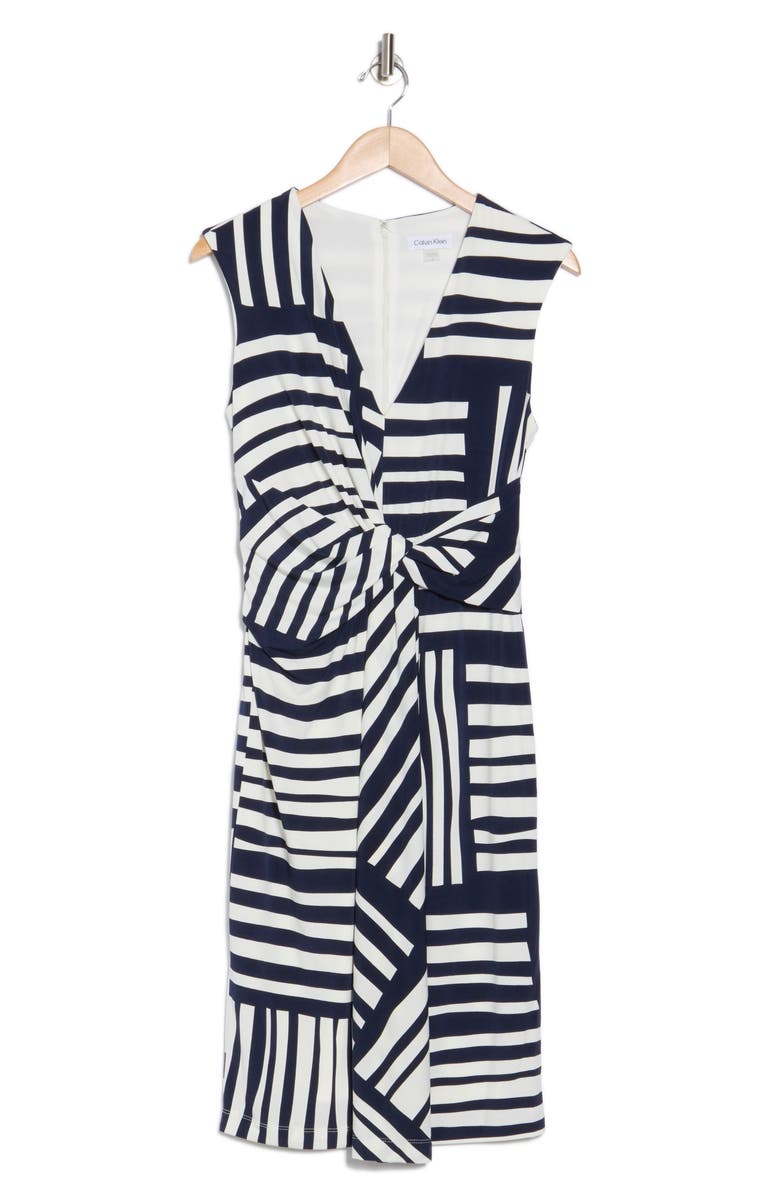 Calvin Klein Stripe Front Knot Sheath Dress, Alternate, color, Indigo/ Cream